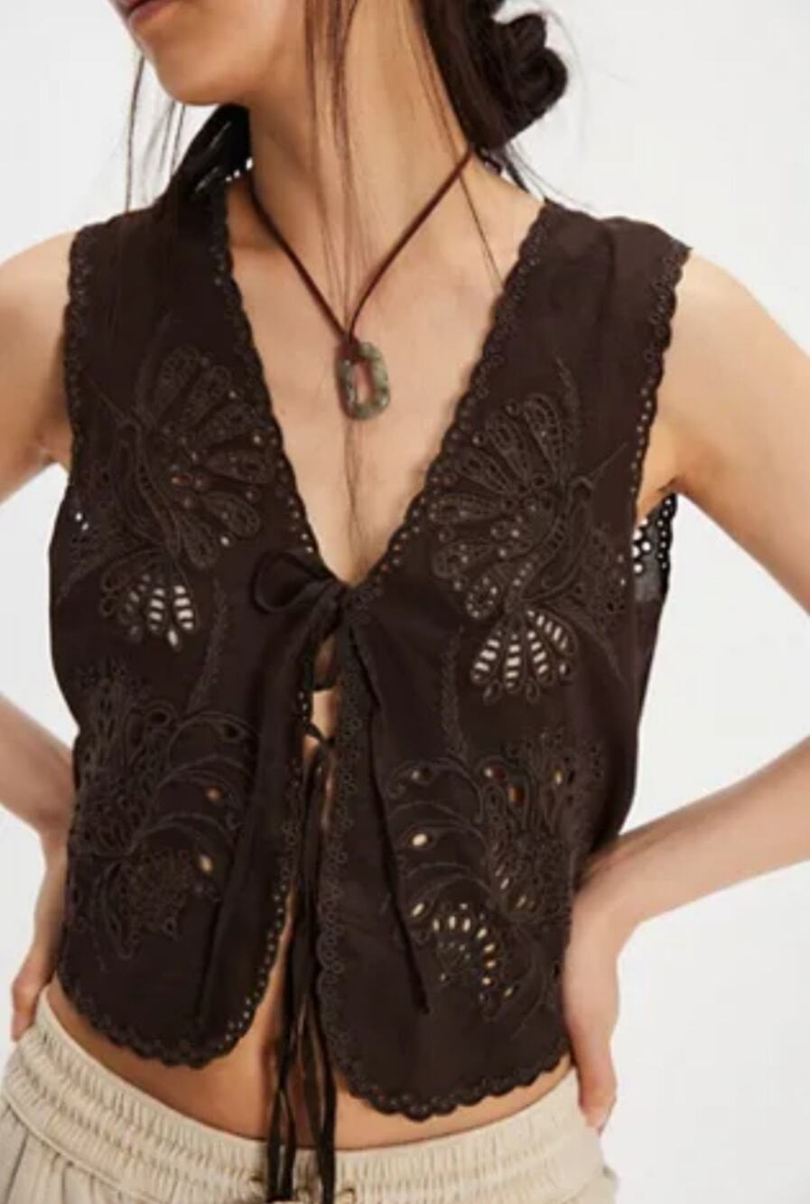 Free People Sweet Escape Eyelet Bird Brown Cotton Top XS